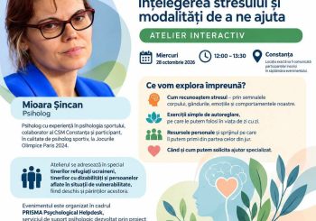 Afiș atelier interactiv PRISMA „Când ne este greu: înțelegerea stresului și modalități de a ne ajuta”, miercuri 28 octombrie 2026, 12:00–13:30, Constanța