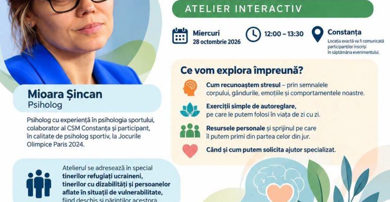 Afiș atelier interactiv PRISMA „Când ne este greu: înțelegerea stresului și modalități de a ne ajuta”, miercuri 28 octombrie 2026, 12:00–13:30, Constanța